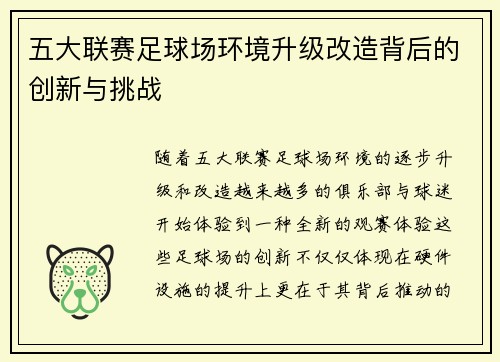 五大联赛足球场环境升级改造背后的创新与挑战